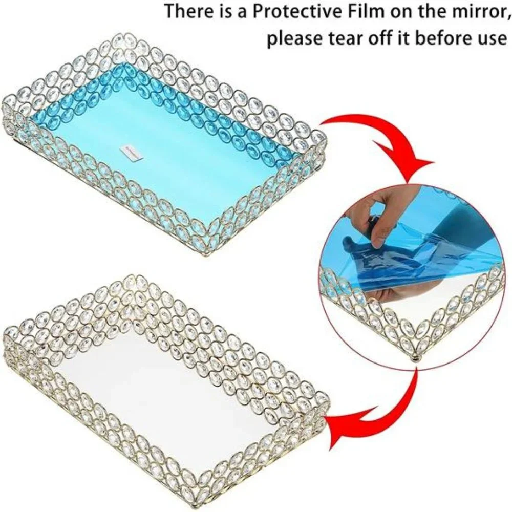 Crystal Cosmetic Vanity Tray, Mirrored Decorative Jewelry Organizer Tray
